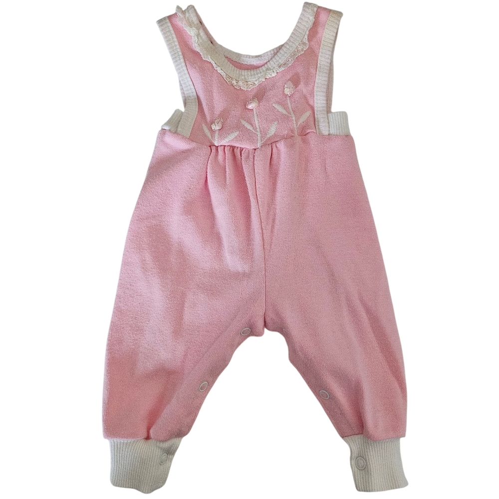 Vintage Buster Brown Baby Girl 3-6 Month Dainty Pink Lace‎ Overall Bubble Romper